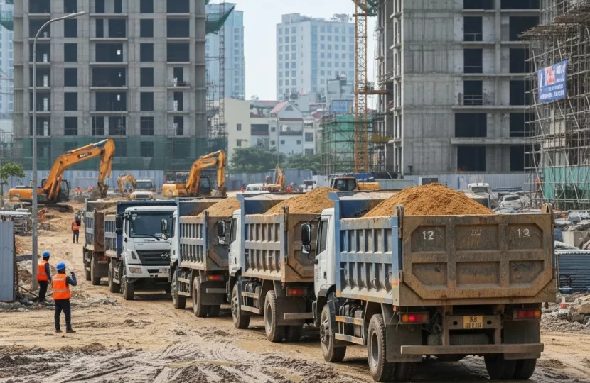 H&igrave;nh ảnh xe ben vận chuyển vật liệu tại c&ocirc;ng tr&igrave;nh x&acirc;y dựng &ndash; Minh Kh&ocirc;i