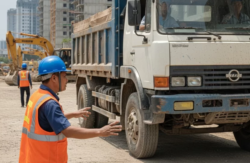 Xe ben tập kết tại cổng c&ocirc;ng tr&igrave;nh &ndash; yếu tố ảnh hưởng trực tiếp đến tiến độ thi c&ocirc;ng